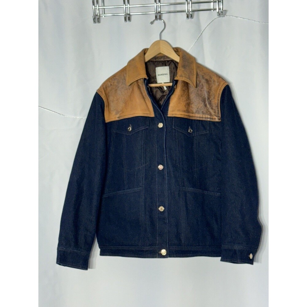 SANDRO Denim Jacket Distressed Leather Yoke Collar Women 34 US 2 Western